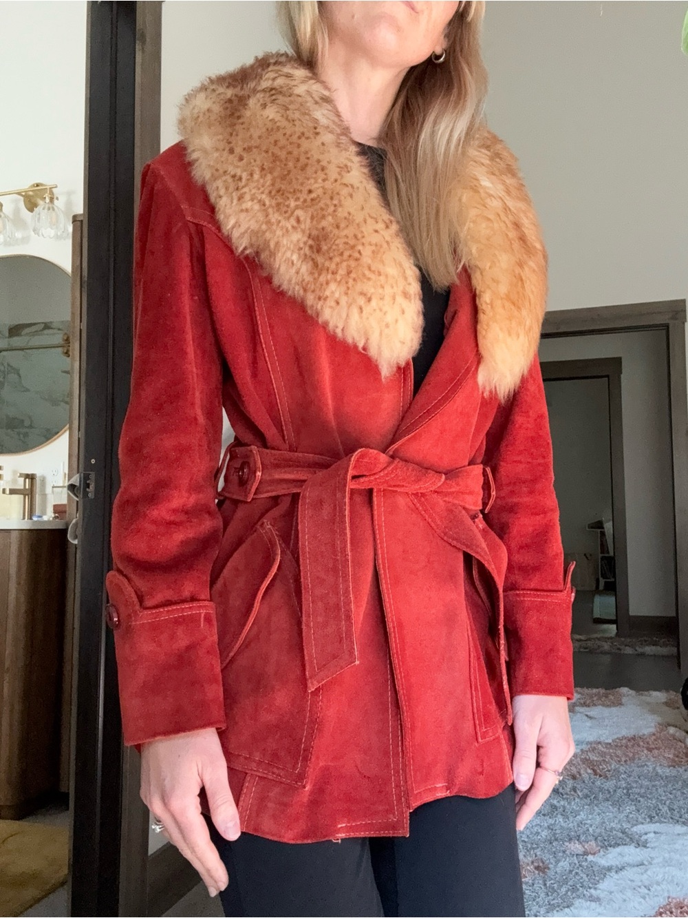 Vintage Retro Penny Lane 1970s orange suede leather coat jacket fur trim small